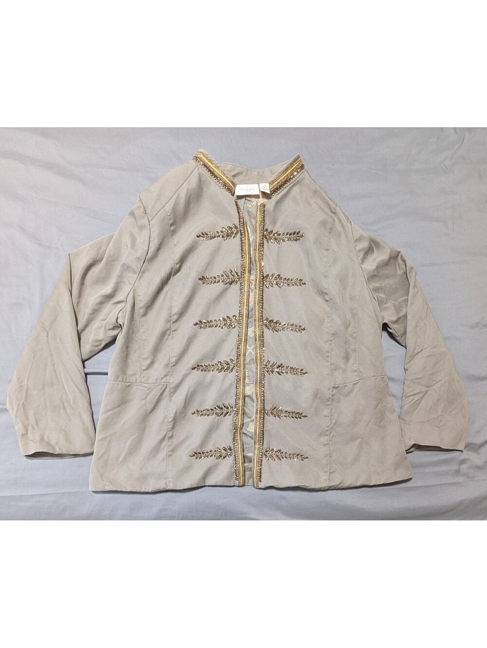 Chico's Beaded Military Style Band Jacket Tan Gold Embroidered Open Front Size 3
